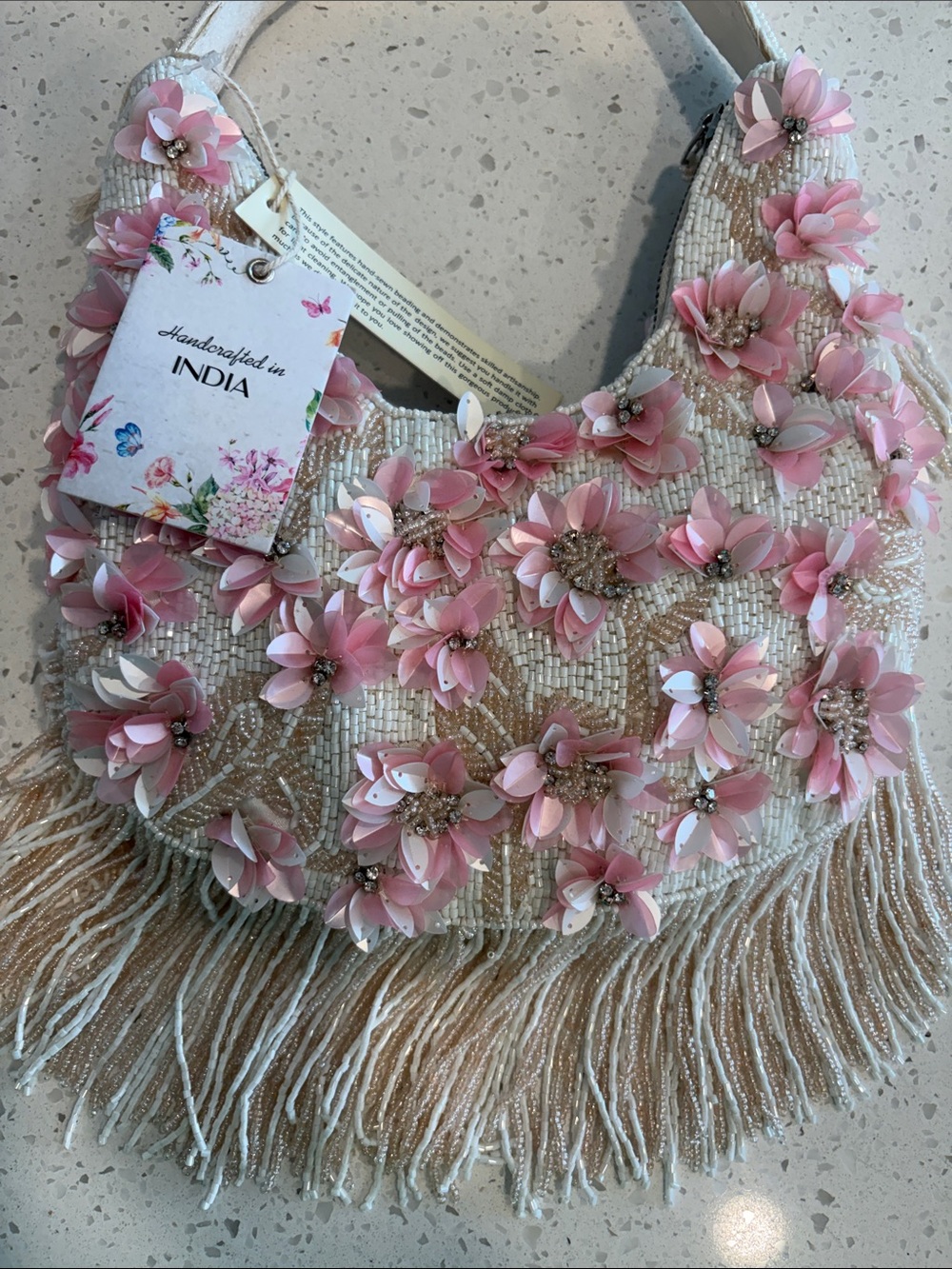 Handcrafted Floral Beaded Shoulder Bag - Pink & Ivory